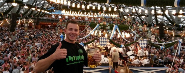 Thumbs up for scoring table reservations in the Oktoberfest beer tent in Munich, Germany